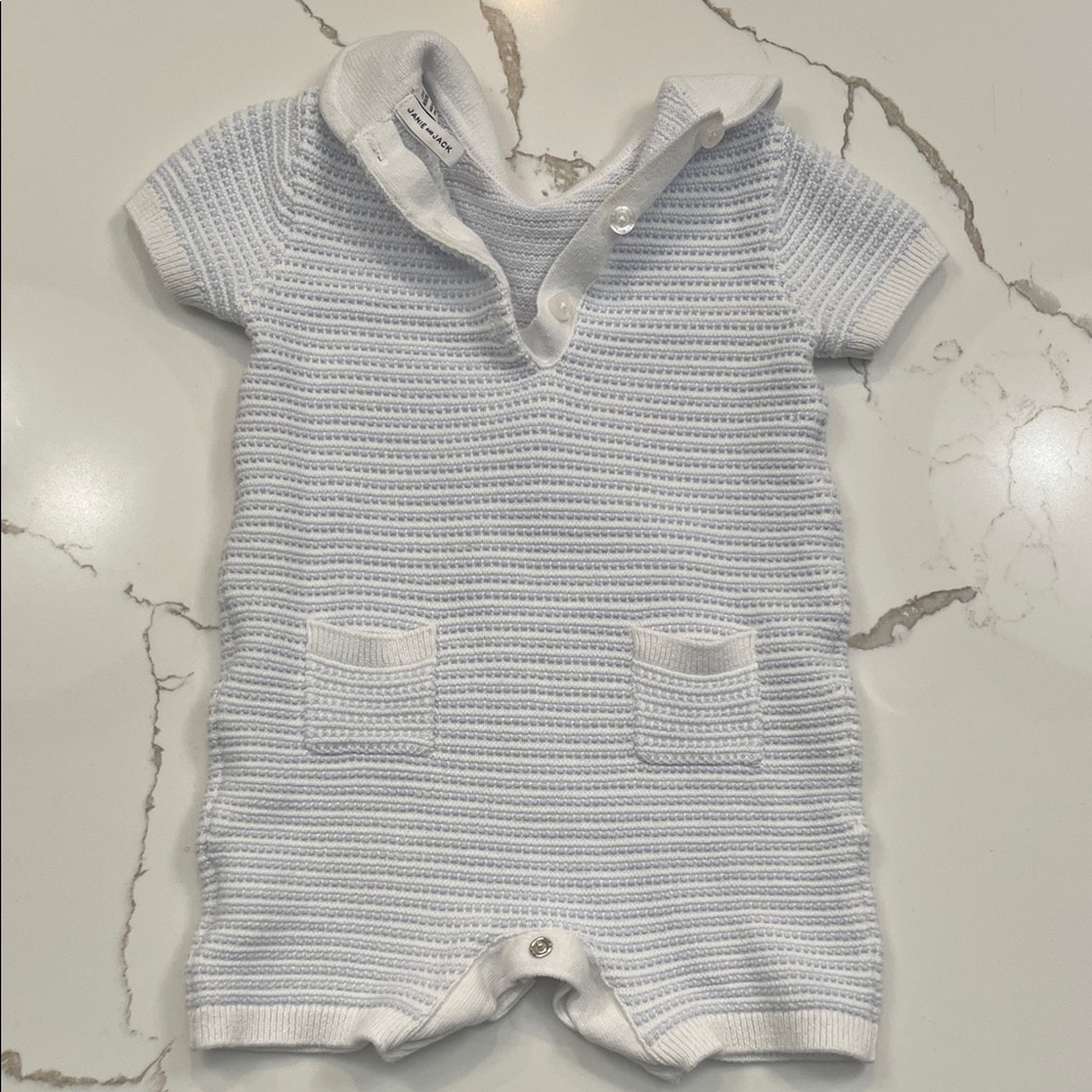 Janie and Jack Baby Blue and White Striped Collared Romper, Size 3-6